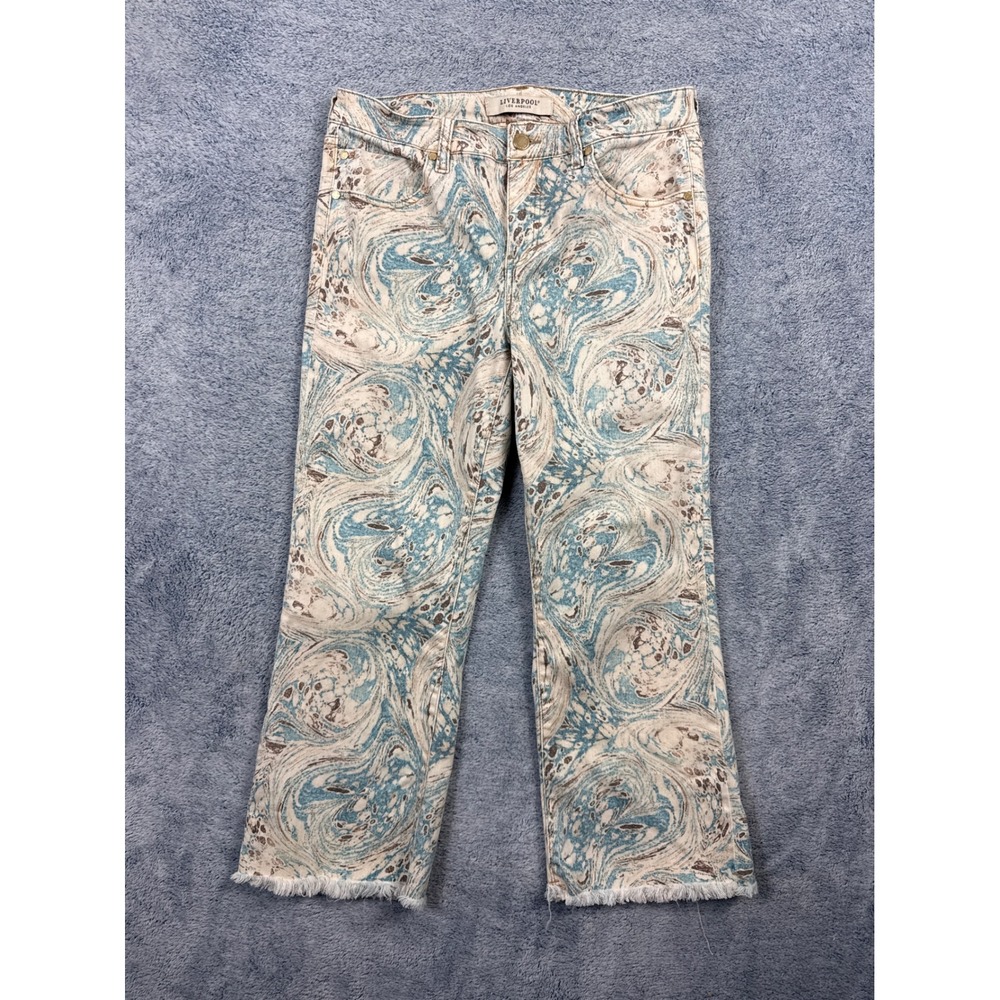 Liverpool Womens 8/29 Blue Marble Hannah Crop Flare Raw Hem Stretch Jeans